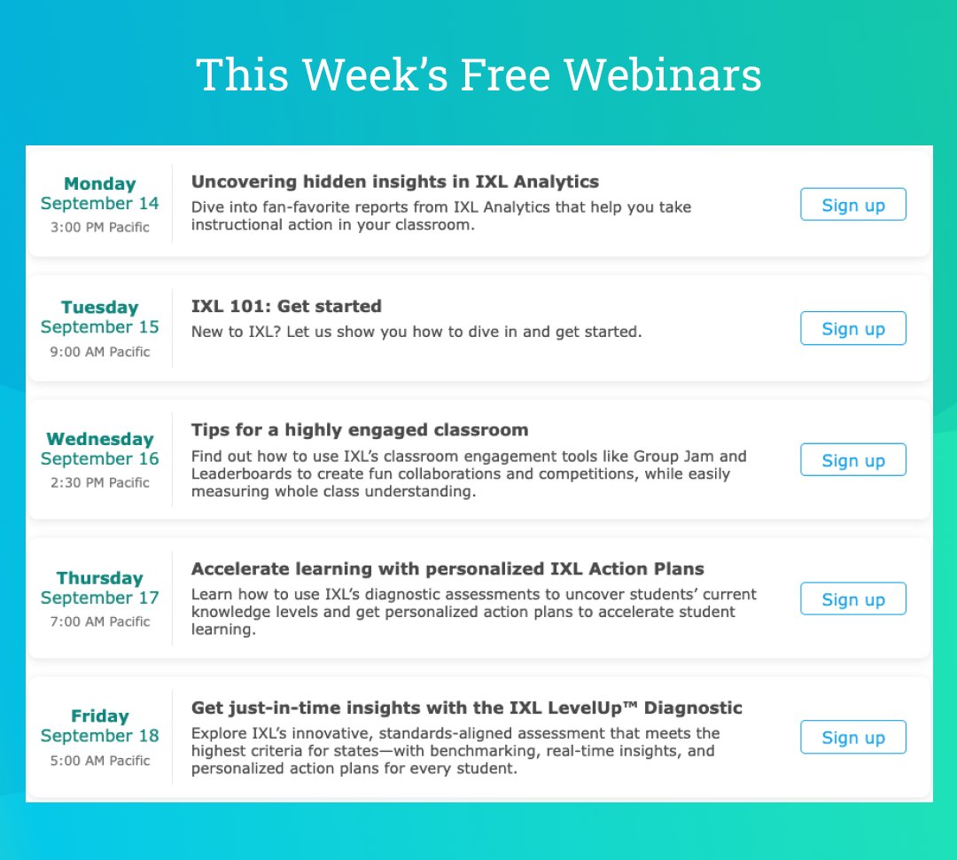 IXLLearning's tweet photo. Join our complimentary webinars this week to learn about IXL Analytics, Action Plans, LevelUp Diagnostic, and more! 

Sign up here: https://t.co/7726ryj1AU https://t.co/nKJAyH4liy