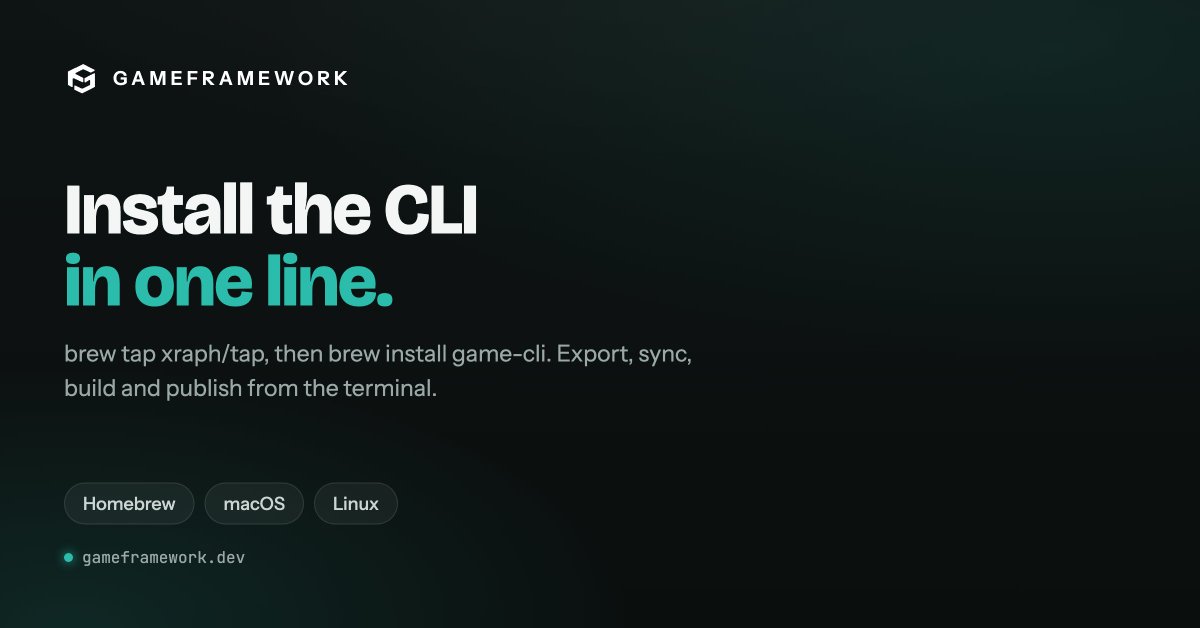 Gameframework1's tweet photo. On a Mac or Linux, the CLI is one line away.  
brew tap xraph/tap 
brew install game-cli 

Then you can export, sync, build and publish your engine integration from the terminal. 
#FlutterDev #homebrew https://t.co/H0ptUjXDk7