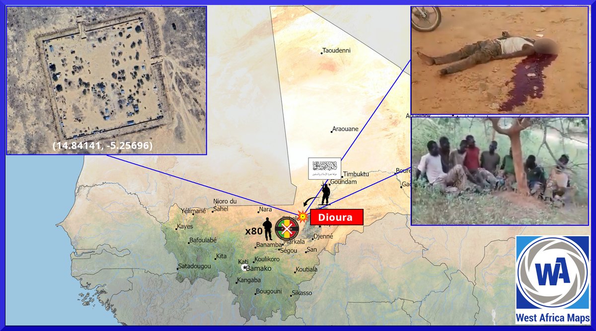 Wamaps_news's tweet photo. MALI 🇲🇱 | 4 jours après l’attaque du camp FAMa de Dioura par le JNIM, le bilan s’alourdit

🔴 De nombreuses sources font état de plus de 80 militaires maliens tués.
Plusieurs dizaines d’autres soldats auraient été capturés par les terroristes (📽️ en premier commentaire), tandis que d’autres auraient réussi à fuir les combats.

Des vidéos (📽️ en deuxième commentaire) montrent des motos incendiées dans le camp, ainsi que plusieurs corps de militaires gisant sur le sol.

🔶  Ce camp FAMa (14.84141, -5.25696), situé à 2 km au nord de Dioura, l’un des plus importants de la zone, reste relativement isolé.
→ à 60 km au sud-est du camp de Nampala
→ à 80 km au nord du camp de Diafarambé
→ à 100 km au sud du camp de Léré
→ à 100 km au nord-est du camp de Niono
→ à 130 km à l’ouest de la base Africa Corps 🇷🇺de Sévaré

🔷 Le 10/09, après avoir reconnu l’attaque, les FAMa ont communiqué sur leur riposte, annonçant poursuivre leurs « opérations aéroterrestres » et évoquant « plusieurs dizaines de terroristes neutralisés ».

Le 13/09, un nouveau communiqué précise que les opérations ont permis de neutraliser « plusieurs éléments terroristes à motocyclette ».
(📸 communiqués en troisième commentaire)

🔹 À ce stade, le gouvernement n’a pas annoncé avoir repris le camp de Dioura, et aucune mention n’a été faite d’une intervention des forces paramilitaires russes de l’Africa Corps.

ℹ️ Cette caserne militaire a historiquement accueilli plusieurs centaines de soldats. Après une attaque en 2019, un haut gradé de l’armée avait précisé qu’entre 140 et 150 soldats y étaient alors déployés.

⚠️ Au-delà du bilan humain, l’enjeu est désormais celui de la capacité des FAMa à reprendre et à sécuriser durablement cette position avancée, déjà attaquée à quatre reprises depuis 2023. Trois de ces attaques avaient fait plusieurs dizaines de morts dans les rangs des FAMa.

Un constat qui s’inscrit dans un contexte plus large : les positions FAMa sont régulièrement prises pour cible dans l’ensemble du pays, malgré les ripostes, au prix de trop nombreuses pertes humaines.