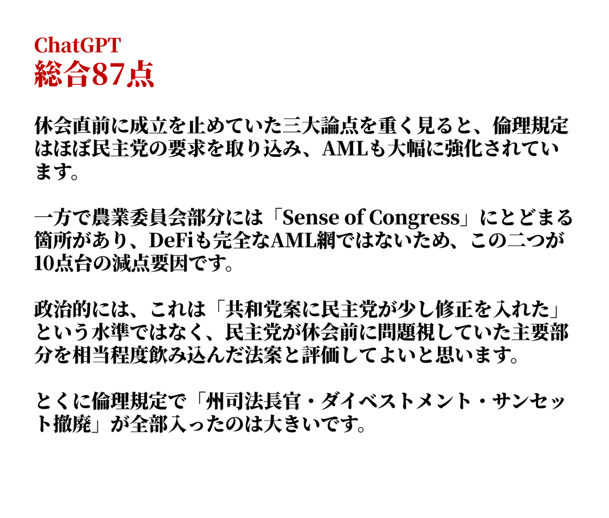 SakaneBTC's tweet photo. クラリティ法案 投票前最終版評価
【⚡️クラリティ法案】

この最終案の倫理条項は共和党ティリス・民主党ガレゴ案のほぼすべてを反映し、州司法長官に執行上の役割を与えるものだと説明しています。

CNBCによると、ホワイトハウスは、この投票を通過した場合に限って倫理条項などでさらに譲歩する用意があるとにおわせています。

ChatGPTとClaudeそれぞれに民主党の要望がどれだけ反映されているかを評価してもらいました。

この点数で、更なる譲歩の余地がある。

どうする民主党！？
