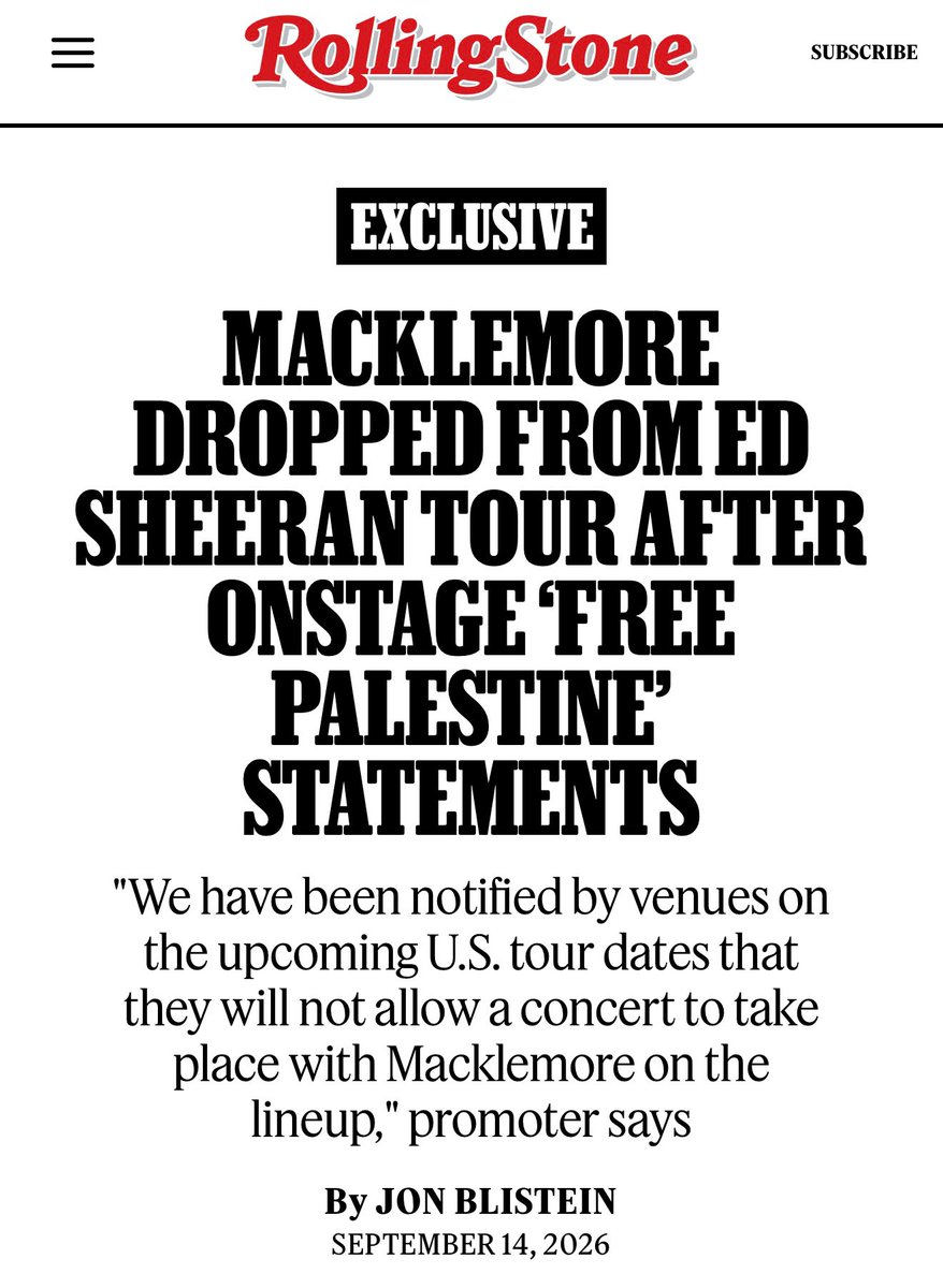 HenMazzig's tweet photo. BREAKING: Macklemore has been dropped from Ed Sheeran's tour. 

The decision came after Macklemore turned his show into a rally and pressured attendees to chant anti-Israel slogans.

Credit: @RollingStone https://t.co/1G8tmloj4M