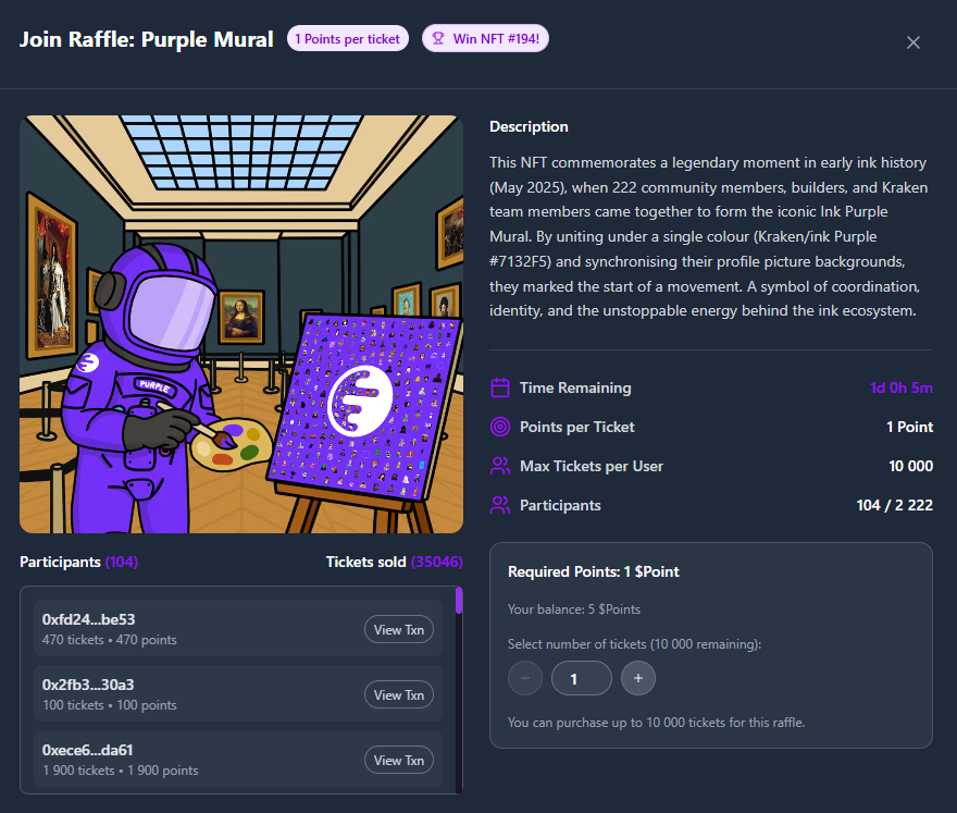 Shellies_NFTs's tweet photo. ⏰ Only 24 HOURS left!

The Purple Mural OG NFT raffle from @InkPurpleWave  is ending soon! 💜

You still have time to participate and get a chance to win 1 Purple Mural NFT. 👀

The current floor is around $100 per Purple Mural — not a bad prize at all! 🔥

🎟️ Claim your Shellies points:
https://t.co/KTf2kwxrK4

🎟️ Participate in the raffle:
https://t.co/RaivPcZ7Ma

Don’t miss your chance. Make sure you participate before the raffle ends! 🫡

Good luck everyone! 💜