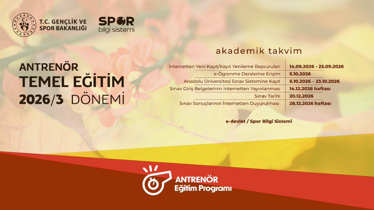 TBHForgtr's tweet photo. 📢 Antrenör Temel Eğitim 2026/3 Dönemi

Gençlik ve Spor Bakanlığı tarafından düzenlenen 2026/3 Antrenör Temel Eğitim Sınavı başvuru süreci başlamıştır.

📅 Başvuru / Kayıt Yenileme: 14–25 Eylül 2026
📅 Sınav Tarihi: 20 Aralık 2026

Başvurular e-Devlet / Spor Bilgi Sistemi üzerinden gerçekleştirilecektir.

Tüm adaylara başarılar dileriz.

Türkiye Buz Hokeyi Federasyonu