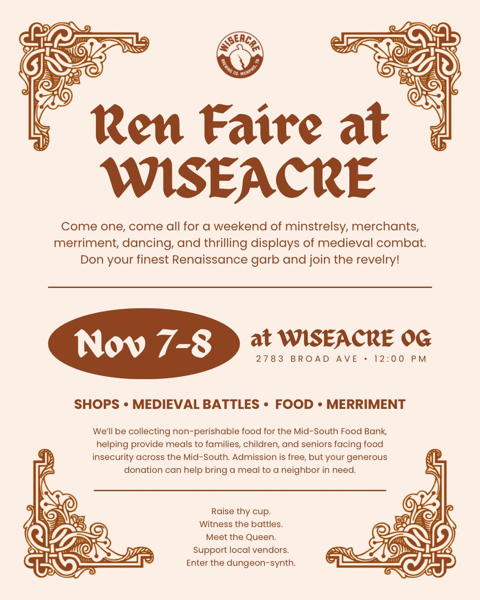 wiseacrebrew's tweet photo. ⚔️ RENAISSANCE FAIRE AT WISEACRE ⚔️
🗓️ SATURDAY 11/7 &amp; SUNDAY 11/8 | 12:00 PM
📍 2783 Broad Ave
🎟️ FREE ADMISSION • ALL AGES

Interested in becoming a vendor? Fill out the link below!
https://t.co/GXHb1iIW9z https://t.co/gs1aWDaAzJ
