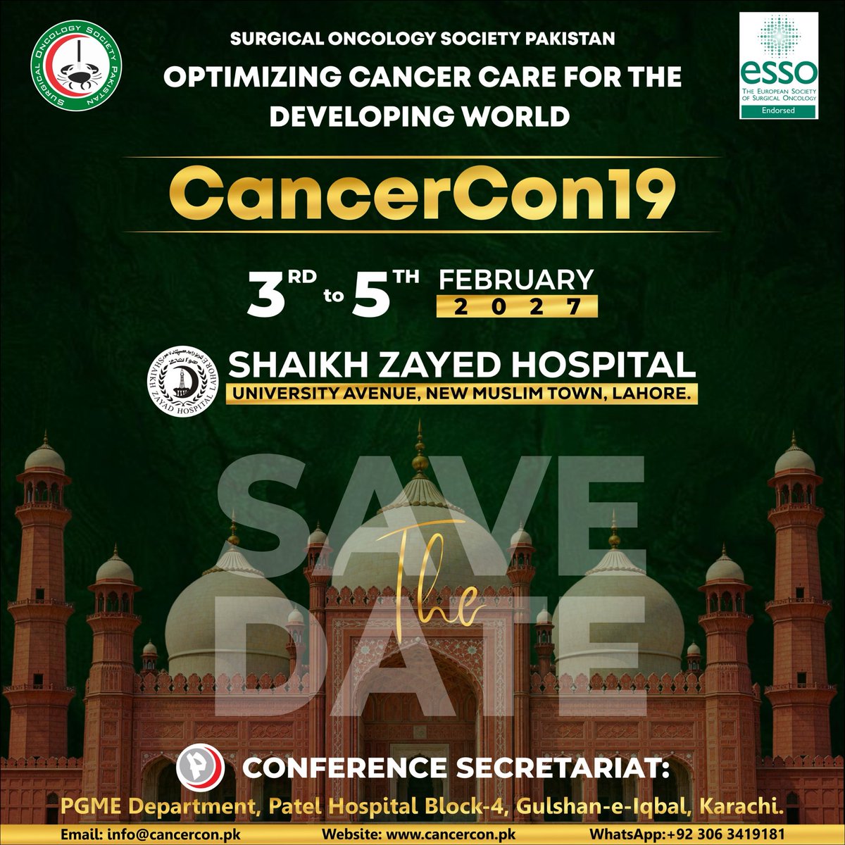 SOS_Pk's tweet photo. Save the Date! ๐๏ธ CancerCon19
๐ Lahore | 3โ5 February 2027
Optimizing Cancer Care for the Developing World
Join us for learning, collaboration & advancing cancer care.
๐ https://t.co/vbYGpkAGiMโ
#CancerCon19 #SOSPK #SurgicalOncology
@afzalmf @tauseeffatimah @RazaSayyed12 https://t.co/Pyo7QwMuIM