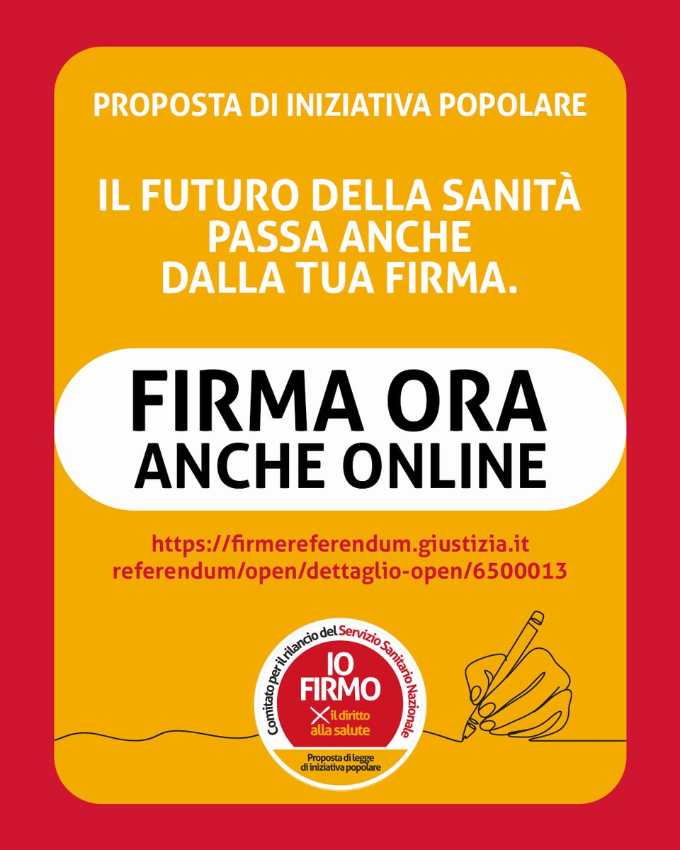 cgilnazionale's tweet photo. FIRMA QUI LA PROPOSTA DI LEGGE 👇https://t.co/XLj9iKdfnQ

È necessario valorizzare economicamente e professionalmente il lavoro di chi tutela e promuove la salute. Bisogna garantire il personale necessario ad assicurare prevenzione, assistenza e cura con assunzioni a tempo indeterminato. I Medici di Medicina Generale e i Pediatri di Libera Scelta devono progressivamente passare dall’attuale rapporto convenzionale alle dipendenze del Servizio Sanitario Nazionale. La spesa per il personale del Servizio Sanitario Nazionale non deve più essere soggetta ad alcun tetto, e devono essere introdotti limiti alle esternalizzazioni.

Rendiamo effettivo il diritto alla tutela della salute nel rispetto della Costituzione e della Legge 833/1978, rafforzando il Servizio Sanitario Nazionale e valorizzando il lavoro. 

Firma nei banchetti in piazza o digitalmente la proposta di legge di iniziativa popolare.

Approfondisci i contenuti su 👉https://t.co/C0yCh9n6rR