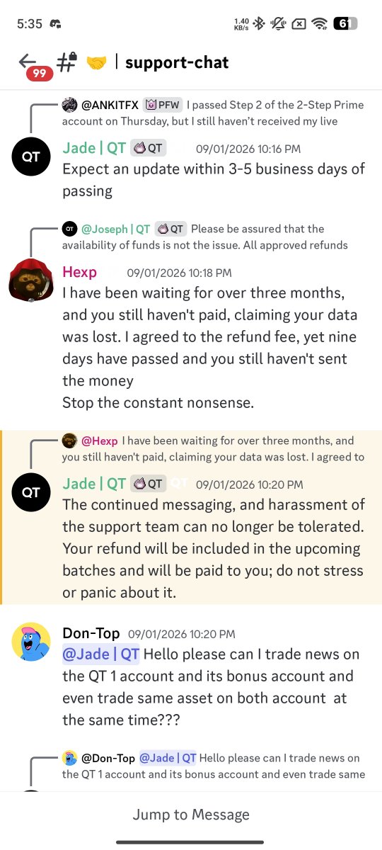 Vrije__Man's tweet photo. You @QtFunded refused to pay out the funds that had been delayed for four months because you lost the data, and I agreed to a refund; yet, 21 days have passed and you still haven't sent the money—instead, you’ve just kept muting me on Discord three times, totaling 15 days. https://t.co/SJX8D0rubm