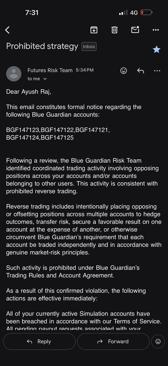 ayooshtrades's tweet photo. 🚨🚨🚨 $10,000 payout rejected by 
@GuardianFutures 
 🚨🚨🚨

Received an email today saying all 5 of my 50K Reserve accounts have been breached and my pending $10,000 payout has been denied for allegedly “hedging” / “reverse trading”.

I never hedged these accounts.
(Trade history attached below)

The Risk Team provided ZERO evidence with the violation notice.

Just 5 accounts breached and a $10K payout gone.

I’ve already emailed their Risk Team asking them to show me the exact trades and evidence behind this allegation, because I genuinely cannot find the activity they’re referring to.

Getting hit with a serious rule violation, losing $10,000, and having 5 accounts wiped out without being shown what you actually did is wild.

I’m formally requesting a proper re-verification and review of my accounts. This decision appears to be an error, and I expect my payout to be honored and my funded accounts reinstated once the facts are reviewed.

I’ll post their response here when I get it.

@EricGairns 
@seanbaint 
@Aliatcx 
@PVishiti 
@ReganHartCFO 
@MSTARROHIT 
@PropFirmMatch 
@PropFirmMedia 
@propfirmeye 
@BlueGuardiancom 
@BlueGuardianSup 
@blueguardianIN 
@Shubhankan007