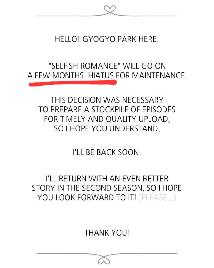 luvseunhyuk's tweet photo. Selfish Romance's creator is funny af 
"Few months of hiatus" for them is a whole YEAR

It's been exactly 1 year and 4 months since the season 1 finale ch was released. 

No time for giving their readers an update, but somehow have time to released merch. (I'm just frustrated 😔) https://t.co/Z7uFWwzYCZ