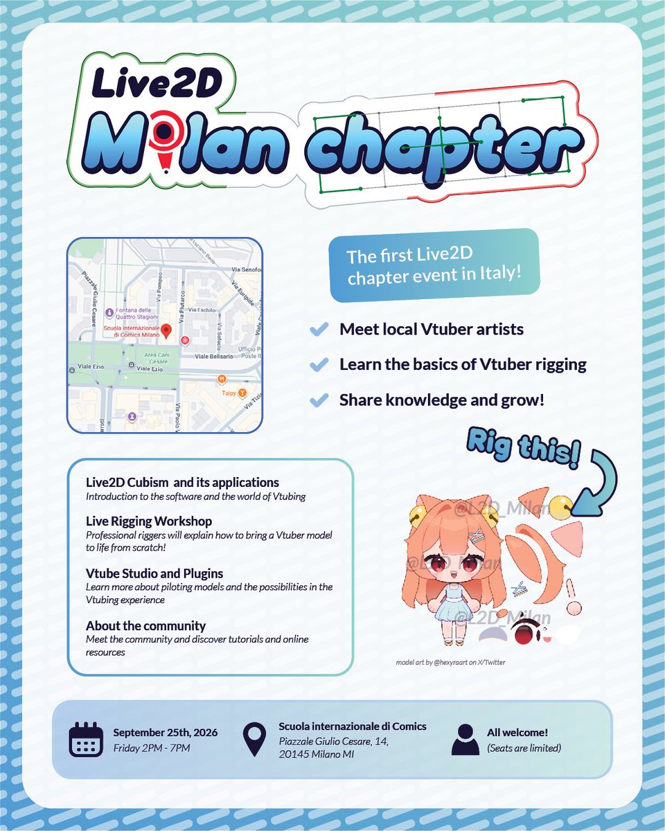 L2D_Milan's tweet photo. 📢Join us for the first Live2d Chapter event in Italy Milan 🇮🇹

Meet italian riggers and try animating a vtuber model for the first time with our professional riggers! 
Free entry, limited seats.

📍Scuola Internazionale di Comics
🗓️Sept 25th @ 2 PM

#Live2D_Chapters #Live2D https://t.co/Wt3GCibNuB