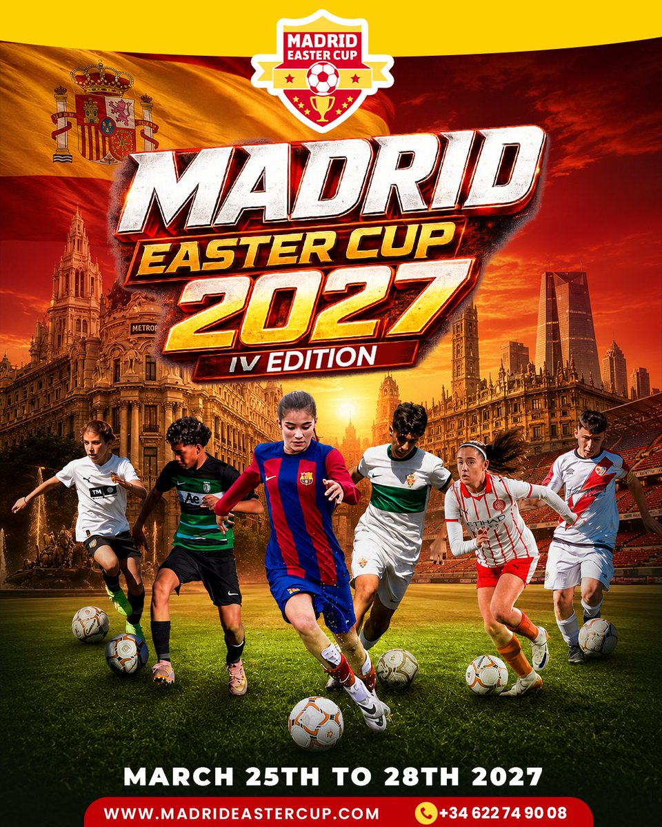 madrideastercup's tweet photo. 🤩🔜 En 2027 queremos volver a hacer historia.  

Nuevos equipos.
Nueva edición.
Nuevos partidos.
Nuevos sueños.
Nuevos países.
La misma pasión por el fútbol.

🏆 IV Edición Madrid Easter Cup
📅 Semana Santa 2027 | 25 al 28 de Marzo de 2027
📍 Arganda del Rey (Madrid) https://t.co/cMo3cAa1aT