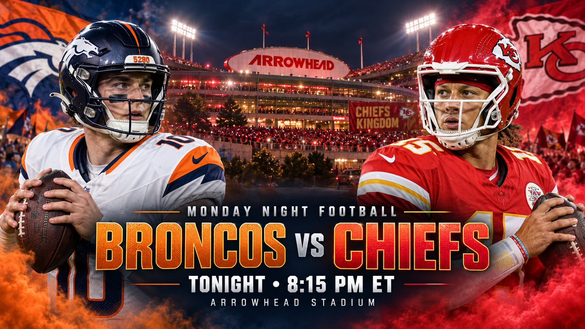 Round1Stoppage's tweet photo. MONDAY NIGHT FOOTBALL 🏈

Broncos vs. Chiefs at Arrowhead to close Week 1.

Patrick Mahomes returns from a torn ACL. Bo Nix is back from a broken ankle. Denver defends its AFC West crown while Kansas City tries to take it back.

Who wins? Drop your final score 

#MNF https://t.co/FewIgFZvxj