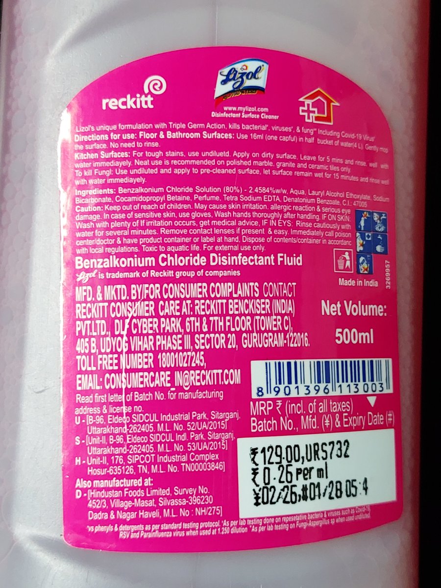 the_acataleptic's tweet photo. Fake Lizol Alert!! 
So we bought a Lizol from a local store. As I opened the package, the fragrance was different. Smelled more pleasant like rose water actually. Then on cleaning, I noticed that it did not lather at all. That's when I checked the label and noted a lot of typos. https://t.co/LYDFsH1txr