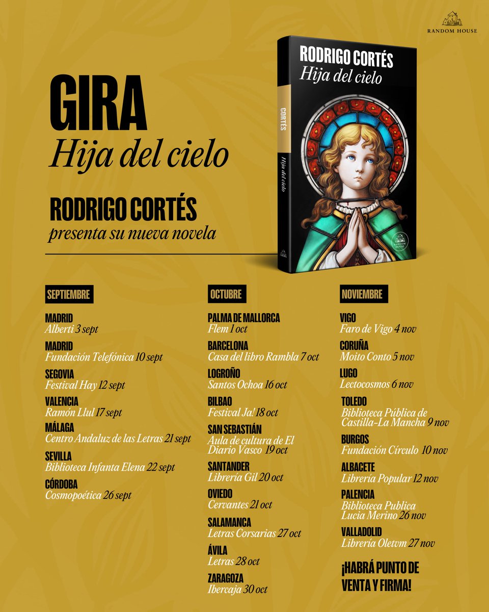 rodrigocortes's tweet photo. Atención: ACTUALIZO las fechas del TOUR Niña Torcida 2026. Ha habido cambios en Córdoba, Logroño y no sé qué (así, con atención al detalle). Prometo llevar boli, ex libris y estampita de niña santa. Ojalá nos veamos pronto. ¿Un REPÍO 🙏?

#HijaDelCielo 📚✒️ https://t.co/crz90KGx5n