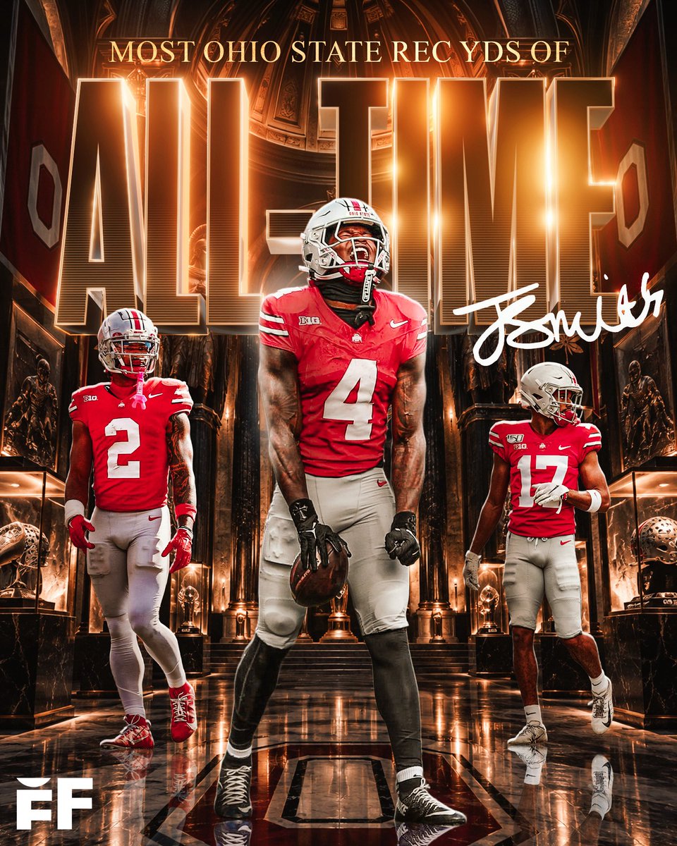 fballforeverhq's tweet photo. Ohio State star WR Jeremiah Smith is now the Buckeyes' ALL-TIME receiving yards LEADER, surpassing Emeka Egbuka 🔥

▫️Smith: 2,873 REC YDS 
▫️Egbuka: 2,868 REC YDS 
▫️Michael Jenkins: 2,746 REC YDS 
▫️Chris Olave: 2,711 REC YDS 

Another accolade for Smith 📈 https://t.co/YT5UVzK8e4