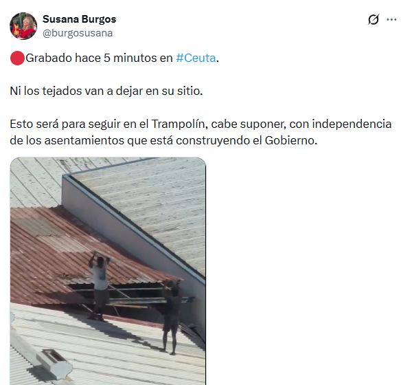 remerikos's tweet photo. La ¿periodista? @burgosusana se inventa que unos inmigrantes están robando un tejado en Ceuta y el dueño del local le responde que lo están reparando

😄😄😄

En la extrema derecha mediática no cabe un tonto más https://t.co/P5zaJl4svM