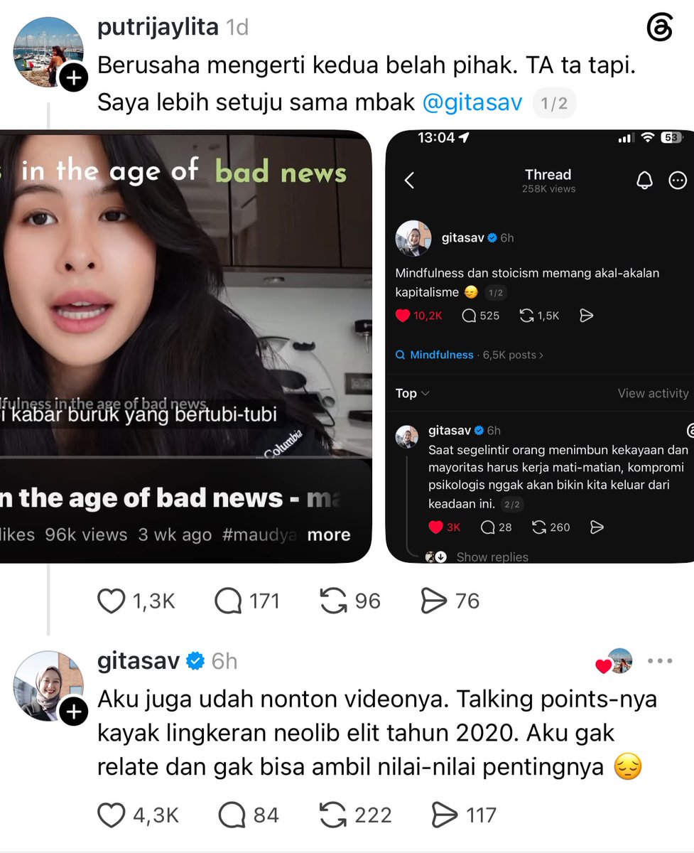 insidefolkative's tweet photo. Gita Savitri merespons unggahan Threads Putrijaylita yang menyatakan setuju dengan opininya.

pada utas Threads tersebut gitasav merespon:

"Aku juga udah nonton videonya. Talking points-nya kayak lingkeran neolib elit tahun 2020. Aku gak relate dan gak bisa ambil nilai-nilai pentingnya 😔”