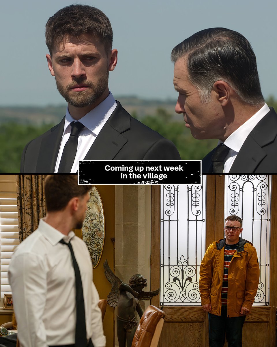 Text reads coming up next week in the village.\nTop image: Outside, Joe wearing a black suit and tie. He has a stern look on his fave as he stands next to Graham also in a black suit and tie. \nBottom image: Vinny wears a striped shirt and yellow raincoat as he stands in the doorway and confesses to Joe that he is the reason why Dawn is dead.