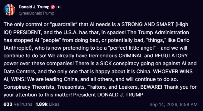 KobeissiLetter's tweet photo. BREAKING: President Trump rejects calls for AI safety and says the only "control" that AI needs is a "strong and smart president."

"There is a sick conspiracy going on against AI and data centers, and the only one that is happy about it is China," Trump says. https://t.co/TlJlXEGd3C