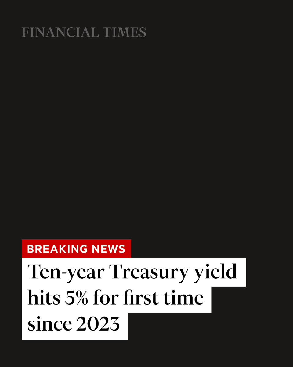 FT's tweet photo. Breaking news: The 10-year US Treasury yield hit 5% on Monday for the first time since 2023, as surging oil prices battered government bonds across the world. https://t.co/zKfBS0eAY7 https://t.co/j7RyAyIO0H