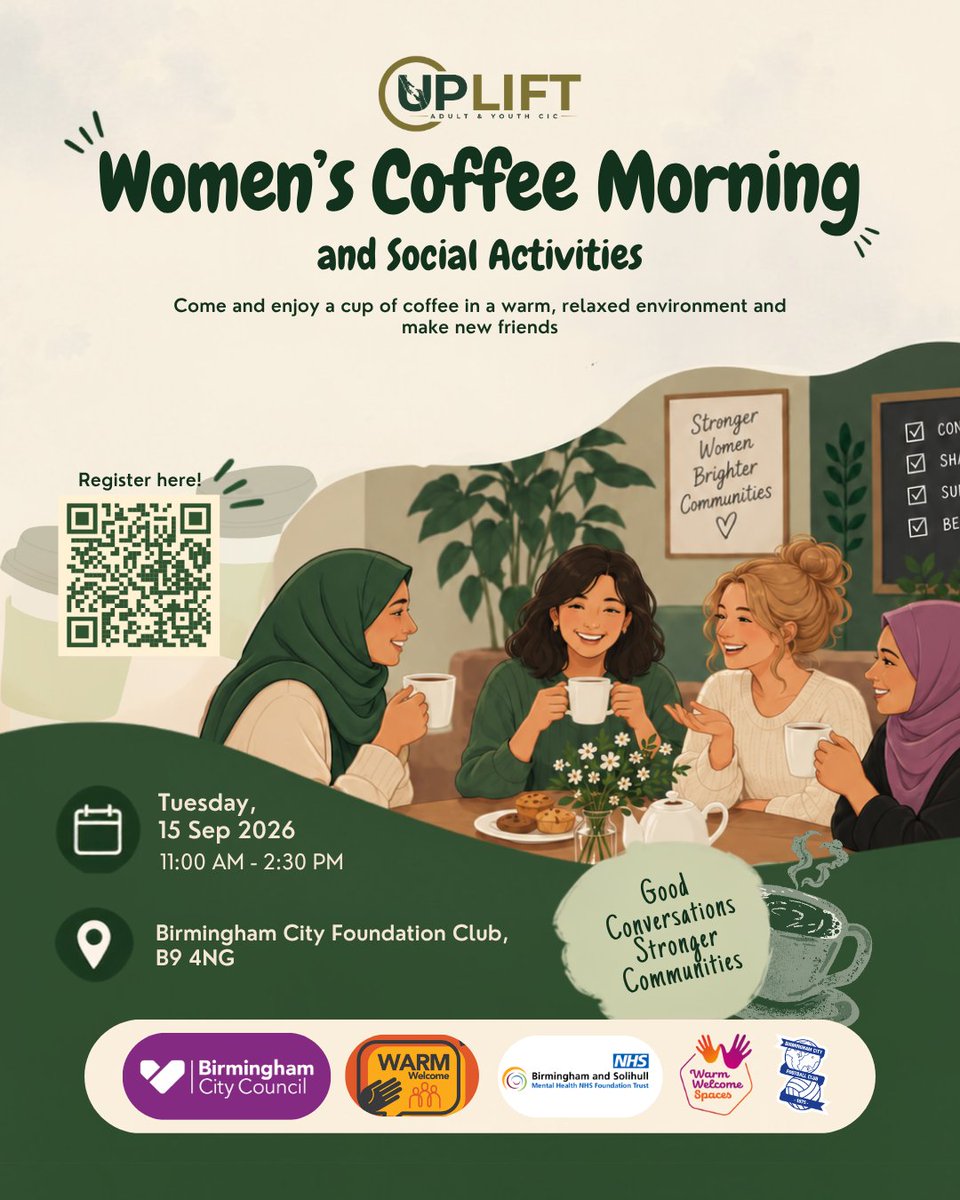 Upliftorguk's tweet photo. π Womenβs Coffee Morning! β
Join us for a warm morning of conversations, social activities & making new friends. π€
π
15 Sept | π 11AMβ2:30PM
π Birmingham City Foundation Club, B9 4NG
π² https://t.co/QxBcqMtT9u
#UPLIFT #Birmingham https://t.co/9SfCqawjag