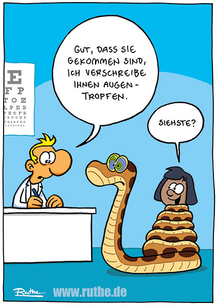 Beim Augenarzt. Links der Arzt, der grade etwas notiert. Er sagt: "Gut, dass Sie gekommen sind, ich verschreibe Ihnen Augentropfen." Rechts die Schlange Kaa, sie hat den Jungen Mogli umschlungen und ihren Hypnoseblick mit den Strudel-Augen. Mogli sagt freundlich: "Siehste?"