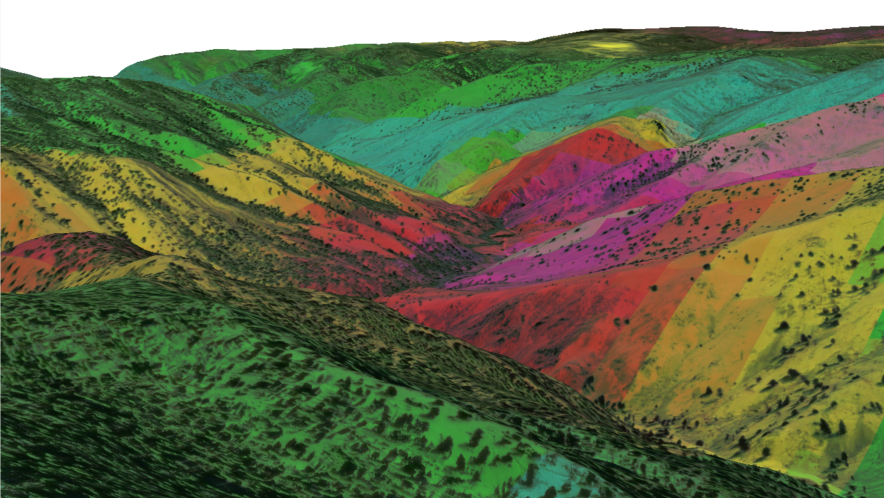 Three-dimensional view of rugged hills and valleys overlaid with bands of green, yellow, turquoise, orange, red and purple. Dark patches of vegetation remain visible beneath the colors.