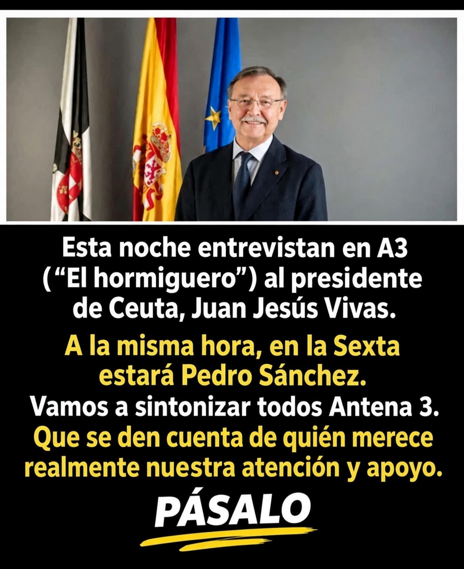 Jesglezi's tweet photo. 🇪🇸🇮🇨 | Esta noche, a la misma hora, dos Españas frente al televisor. En Antena 3, Juan Jesús Vivas, el presidente de Ceuta, contando la verdad de una ciudad invadida y abandonada por el gobierno de Sánchez. En La Sexta, Sánchez, vendiendo humo y defendiendo a Marruecos https://t.co/e0NgmCzyqW