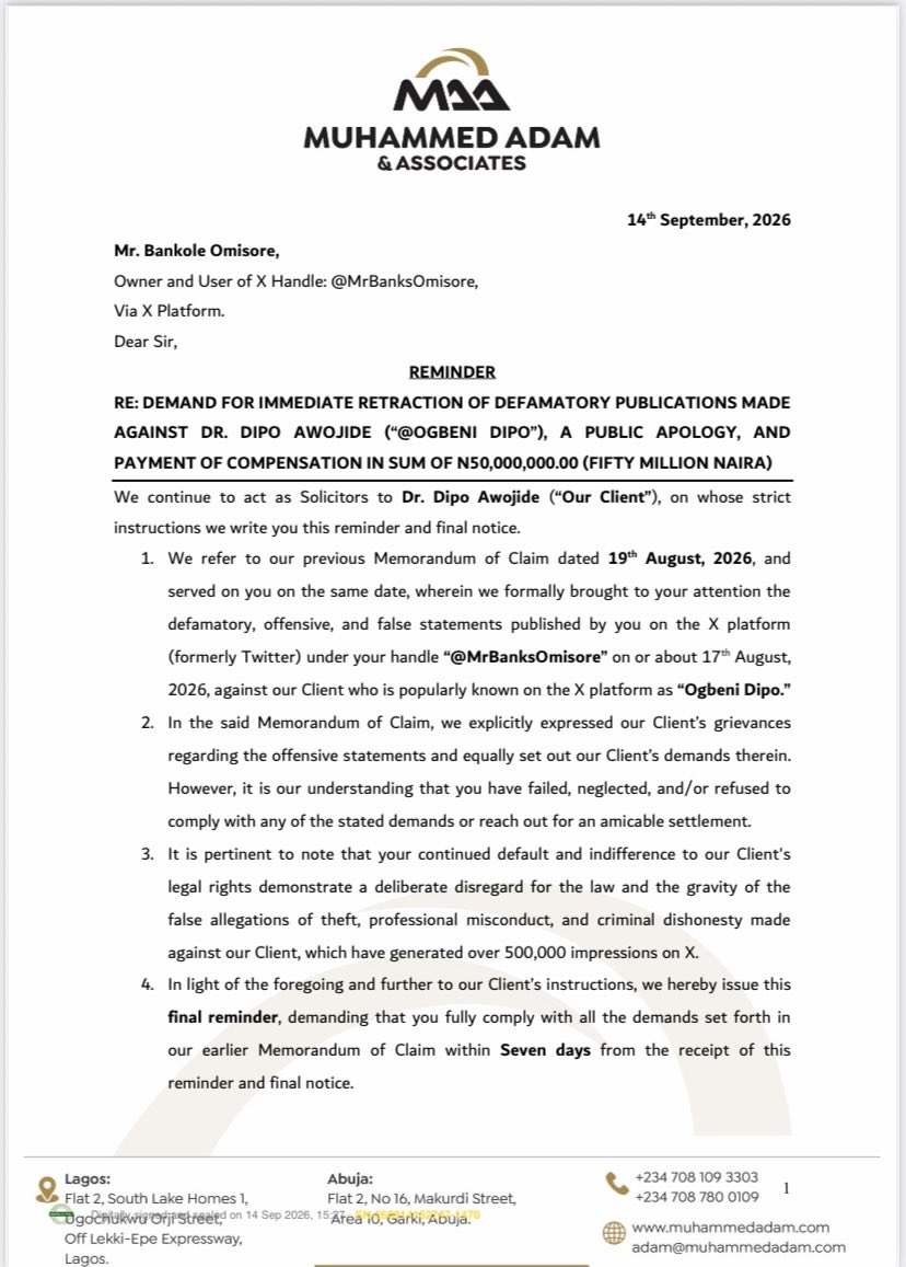 amofin_agba's tweet photo. Dear @MrBanksOmisore,

Kindly find attached a copy of our Reminder and Final Notice on behalf of our Client, Dr Dipo Awojide @OgbeniDipo for your attention. https://t.co/uHQuLsuDuo