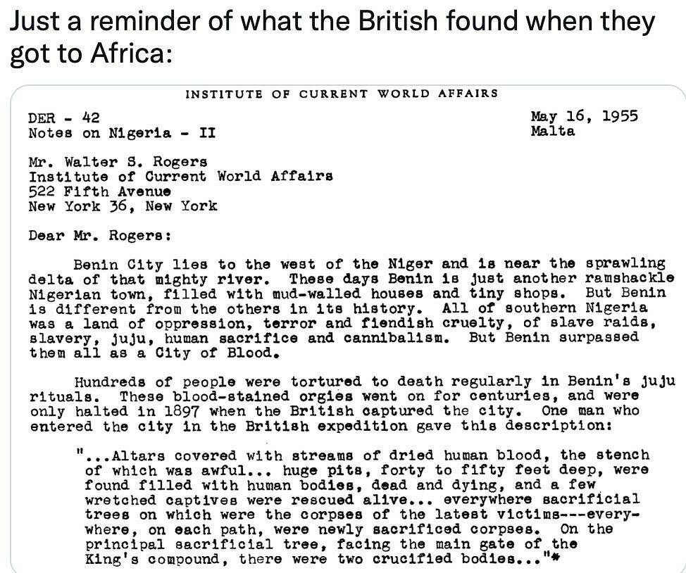 Will_Tanner_1's tweet photo. Never forget that the Europeans found unfathomable horrors as they colonized Africa, and took the pains necessary to stop those horrors out

For that great service, they were damned by Liberal opinion, which thought it was mean that they paternalistically prevented cannibalism and the like, and enforced that at bayonet point

Thus, decolonization eventually resulted, and so the primordial horrors they had fought so hard to end have been creeping back bit by bit, all in the name of pretending equality exists

Such a tragedy, and a waste