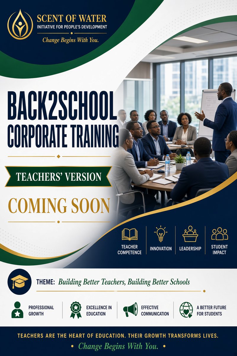 ScentOfWaterN's tweet photo. Teachers' Back2School workshop 

Having just concluded our FREE BACK2SCHOOL CORPORATE WORKSHOP for secondary school students, we left with something else to think deeply about.

We are increasingly concerned about the competency, capacity and preparedness of some teachers in our schools.

If we want better students, we must also invest in the people who teach, guide and influence them.

This has led us to consider another initiative:

BACK2SCHOOL WORKSHOP, TEACHERS' VERSION

A practical capacity-building programme designed to help teachers gain better insights on their ability to impart knowledge and manage students. 

We believe that teachers don't just teach subjects, they shape minds, attitudes and futures.

So, should we take this conversation to the teachers?

What do you think about a BACK2SCHOOL WORKSHOP, TEACHERS' VERSION?

What areas do you think such a workshop should address?

We would love to hear your thoughts, suggestions and recommendations.

Scent Of Water Initiative for People's Development
Building People, Transforming Communities.
Change Begins With You.