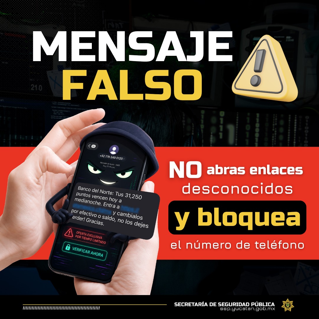sspyuc's tweet photo. 📱💥 El fraude llega directo a tu celular.
Evita abrir enlaces sospechosos y protege tu información.
Ante cualquier situación de riesgo, actúa y reporta.
☎️ 9-1-1 | 089 https://t.co/J8cDmjgg6S