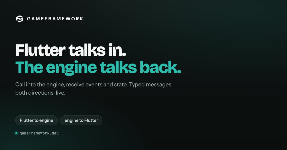 Gameframework1's tweet photo. Showing an engine on screen is only half the job.  The other half is talk. Your Flutter code can call into the engine, and the engine can push events and state back out. 
Typed messages, both directions, live.  
#FlutterDev #gamedev #MotivationMonday #indiegame #indiegamecommunity #gameproduction #indiegaming #indiegamedev