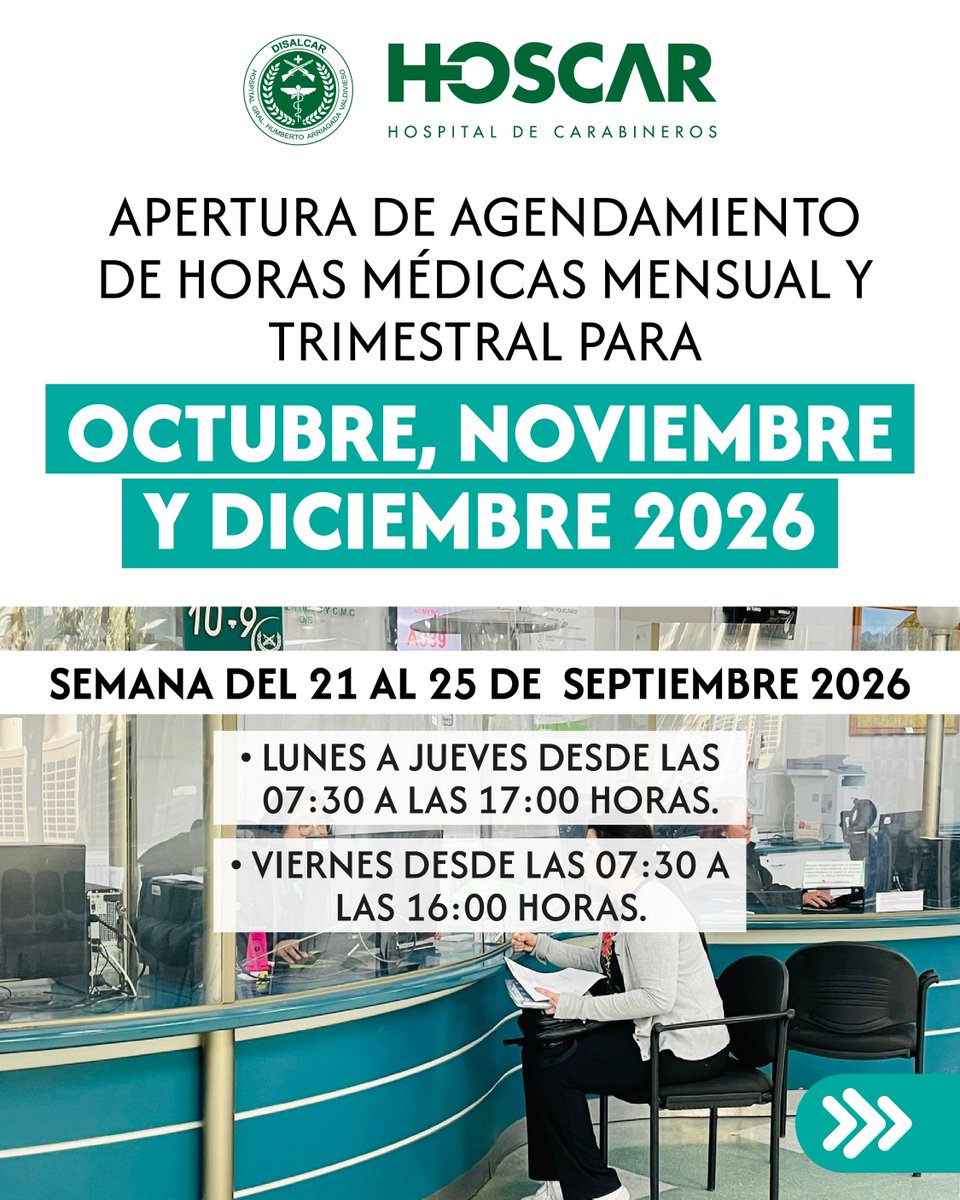 carabhospital's tweet photo. HOSCAR informa agendamiento de horas médicas para el mes de octubre, noviembre y diciembre del 2026. Semana del 21 al 25 de septiembre 2026.
Lunes a jueves desde las 07:30 a las 17:00 hrs.
Viernes desde las 07:30 a las 16:00 hrs.
#Salud #DISALCAR #DISANCAR https://t.co/7wWuIesNz3