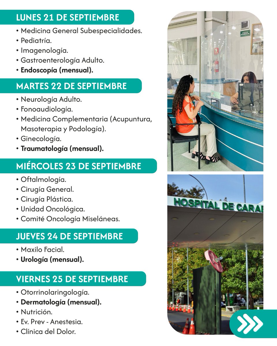 carabhospital's tweet photo. HOSCAR informa agendamiento de horas médicas para el mes de octubre, noviembre y diciembre del 2026. Semana del 21 al 25 de septiembre 2026.
Lunes a jueves desde las 07:30 a las 17:00 hrs.
Viernes desde las 07:30 a las 16:00 hrs.
#Salud #DISALCAR #DISANCAR https://t.co/7wWuIesNz3
