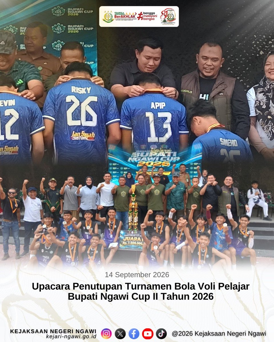Kejaringawi's tweet photo. Senin, 14 September 2026

Kejaksaan Negeri Ngawi menghadiri Upacara Penutupan Turnamen Bola Voli Pelajar Bupati Ngawi Cup II Tahun 2026 yang berlangsung di Lapangan Voli Makodim 0805/Ngawi. https://t.co/VJMi0NT33a