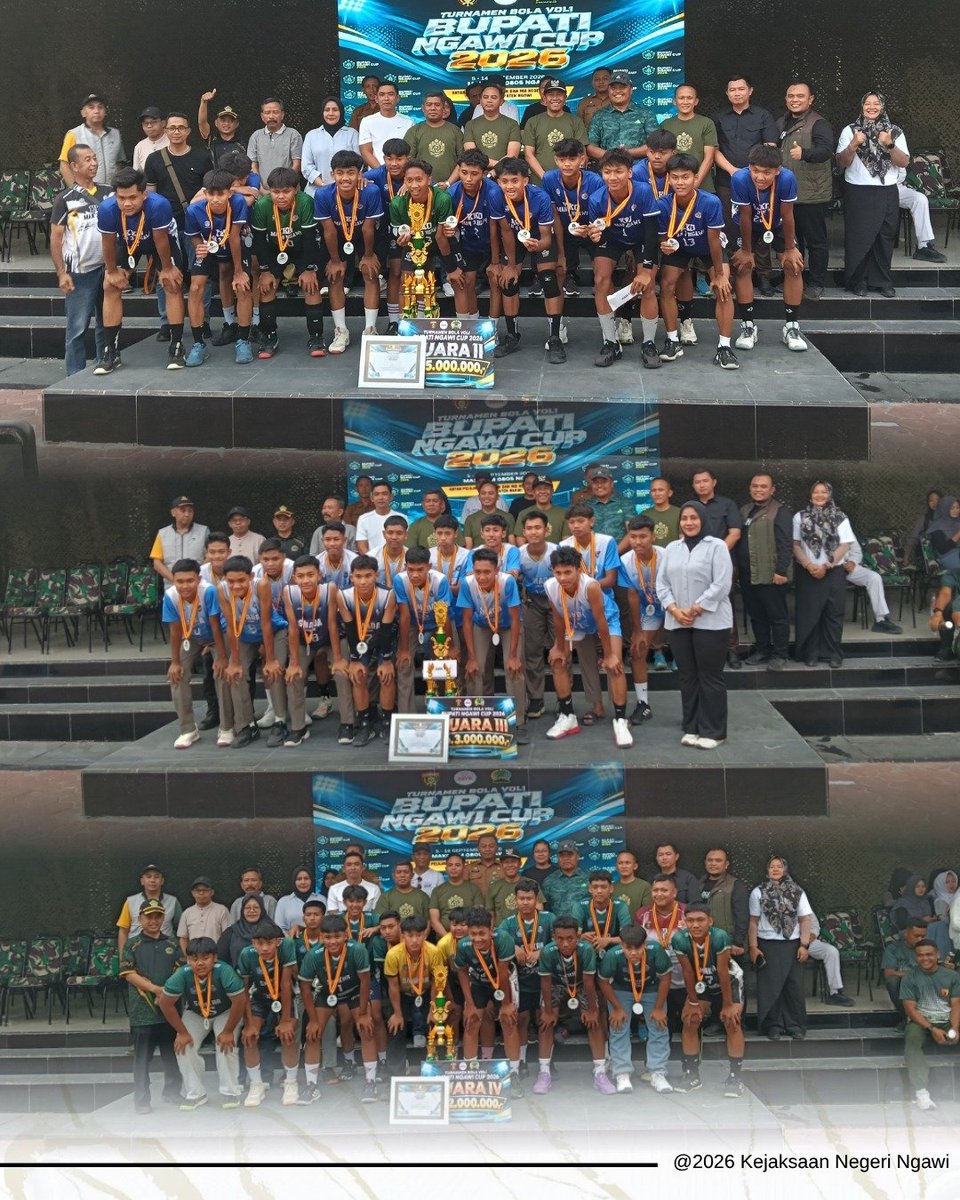 Kejaringawi's tweet photo. Senin, 14 September 2026

Kejaksaan Negeri Ngawi menghadiri Upacara Penutupan Turnamen Bola Voli Pelajar Bupati Ngawi Cup II Tahun 2026 yang berlangsung di Lapangan Voli Makodim 0805/Ngawi. https://t.co/VJMi0NT33a