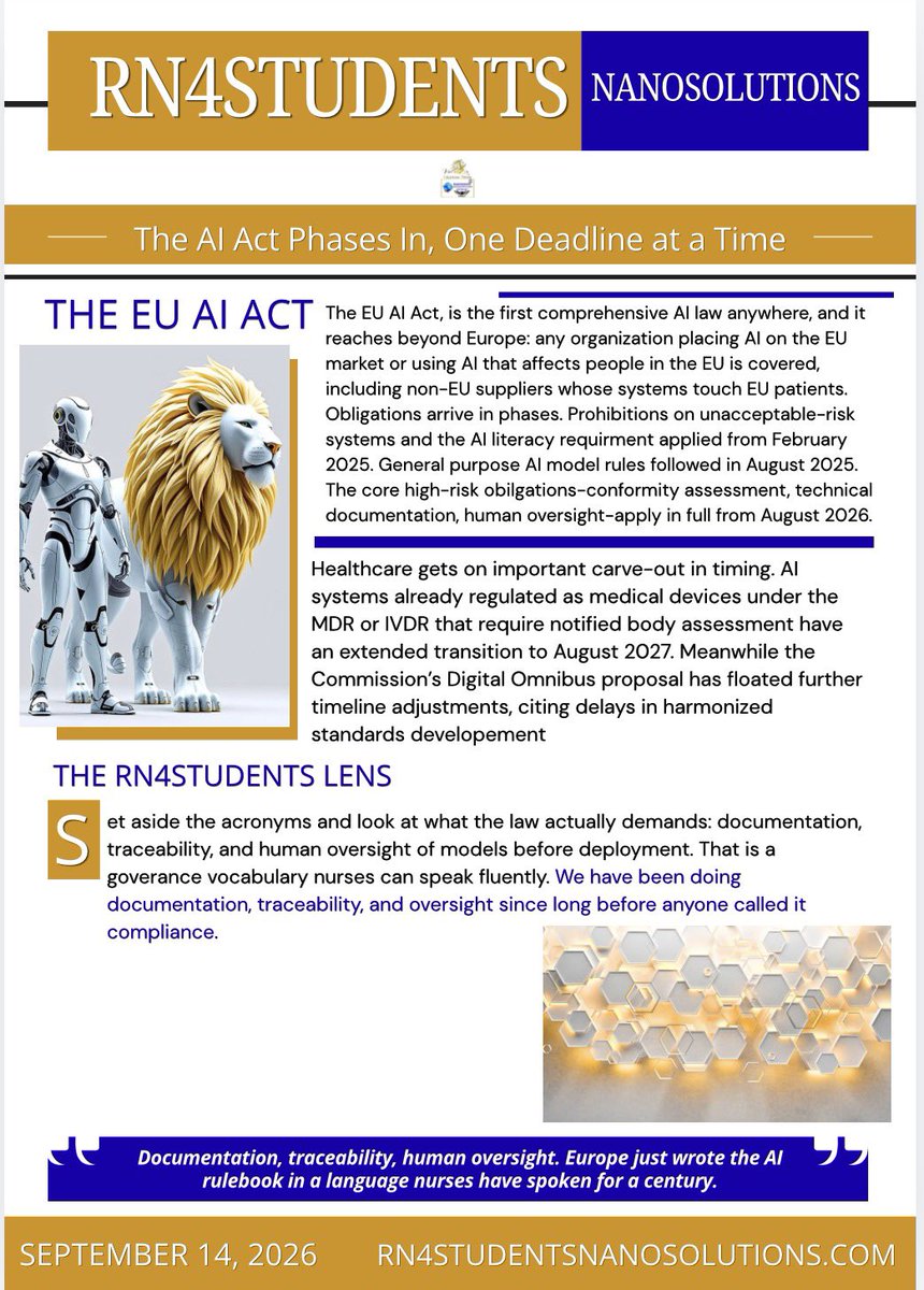 payne_valencia's tweet photo. The Clock Doesn't Skip: How the AI Act Phases In, One Deadline at a Time
https://t.co/lD7DPfRuTv
#AIAct #AIGovernance #HealthInformatics #ResponsibleAI #NursingInformatics #AICompliance #DigitalHealth #VisualizeReality https://t.co/CKMZIaX5Uf