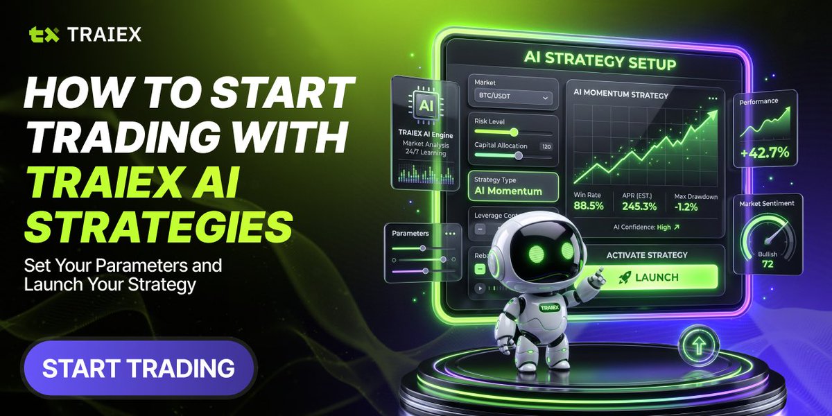 traiex_official's tweet photo. 🚀 Start trading with TRAIEX AI strategies

Fund your spot balance, choose a subscription, and set your market, risk level, and deposit amount. Launch your strategy to automate trading with your chosen settings.

Get started: https://t.co/NBY42KWouB https://t.co/d8iyaUunUO