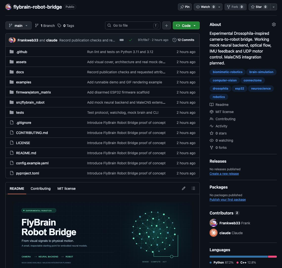 Frank_web33's tweet photo. I BUILT A FLY BRAIN THAT CAN BE PLUGGED INTO ALMOST ANY MACHINE.

https://t.co/SRCXL8LJj3

I call it BRAIN.

With Claude’s help, I built a local bridge that turns camera input into neural activity and neural activity into motor commands.

The current version uses eight virtual neural populations, IMU feedback and left/right motor control. It includes a working synthetic demo and an ESP32 scaffold.

Connect it to a robot, a drone or even a robot vacuum.

The code is MIT licensed.

Fork it and make something move.