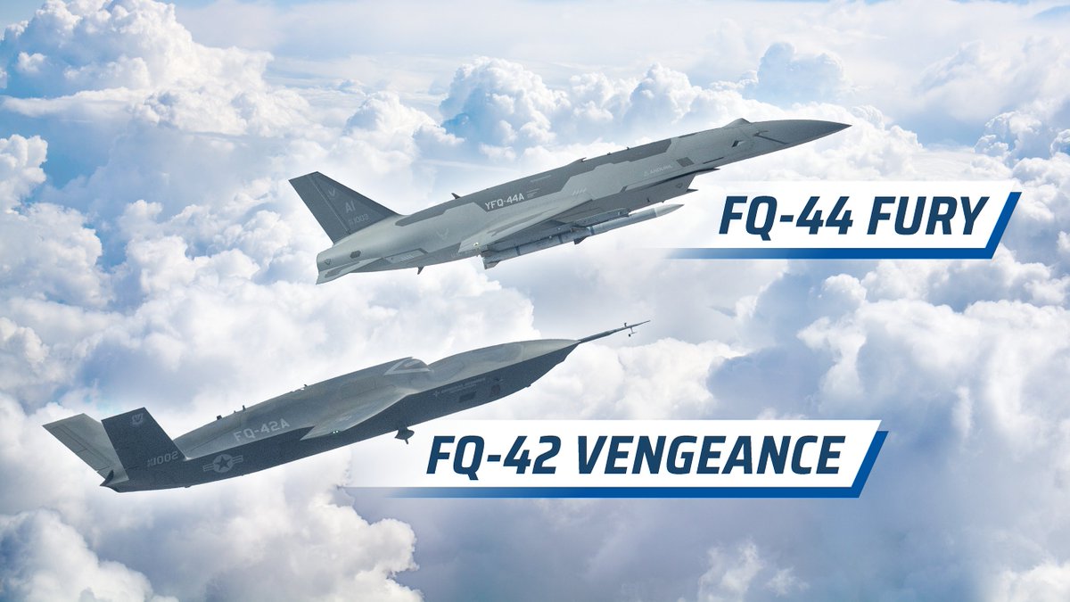 usairforce's tweet photo. This morning, @SecAFOfficial announced the official names of the Air Force’s newest Collaborative Combat Aircraft, the FQ-42 Vengeance and FQ-44 Fury, during his keynote address at the @AFA_Air_Space's #AFANational Conference.

Revealing popular names was a natural next step for the CCA program as the Air Force modernizes the nation’s aerial combat fleet. The Air Force intends to purchase about 1,000 combat-ready, semi-autonomous systems that will extend reach, awareness and survivability of American airpower in contested environments. Meink confirmed that the service would have 500 of the aircraft by 2032.

More to follow.