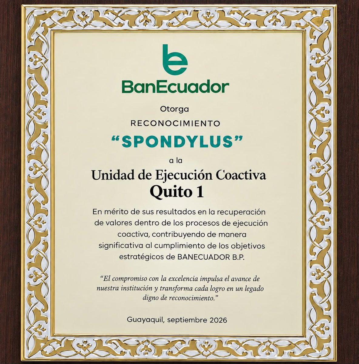 BanEcuadorBP's tweet photo. El Premio “Spondylus” a la Excelencia en Recuperación reconoce la gestión eficiente y estratégica de la cartera en vía coactiva, lo que permite recuperar recursos y reinvertirlos en el desarrollo productivo del país.

✅ Porque recuperar también es generar nuevas oportunidades. https://t.co/mQIqfVuTki