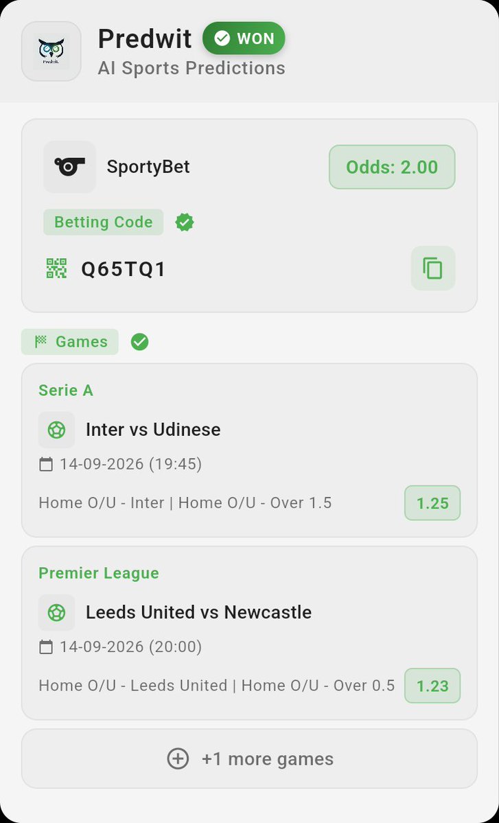 predwit's tweet photo. 🏆 BOOM! SportyBet code WON @ 2.00 odds! ✅🔥
🎯 Code: Q65TQ1
⚽ Inter vs Udinese
⚽ Leeds United vs Newcastle
⚽ Villarreal vs Betis

Get winning codes on Predwit 👇
https://t.co/Czt1cB80WA
#Predwit #BetCode https://t.co/eyqSrLTXMw