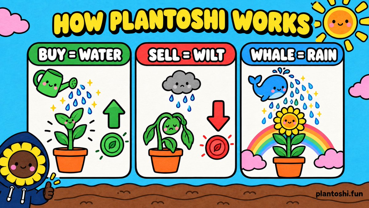 PlantoshiFun's tweet photo. How it works, in one picture. 💧 Buy = water. 🥀 Sell = wilt. 🐳 Whale = rain. Every trade on Robinhood Chain moves the plant. Live, forever. 

$Plantoshi 
0xD5CdF4db6394ed8a03c21B8711cE7D0e8CEfEF56 https://t.co/7rXG85RbEH