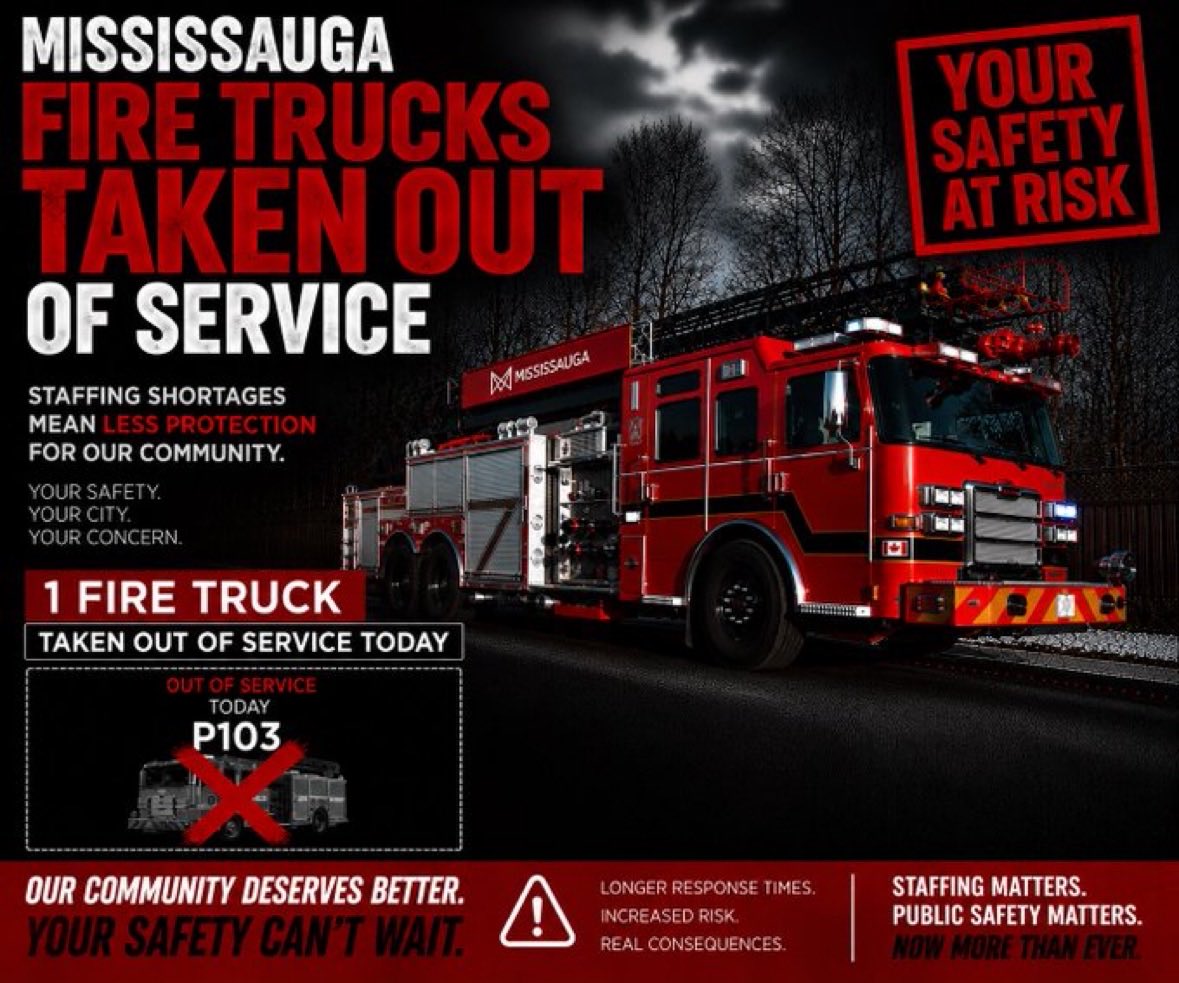 IAFF1212's tweet photo. 🚨 1 FIRE TRUCK OUT OF SERVICE TODAY DUE TO STAFFING SHORTAGES🚨

Every truck taken out of service means fewer resources available when emergencies happen. Residents deserve to know when frontline emergency response capacity is reduced.

#MississaugaVotes https://t.co/aiseCrDvvS