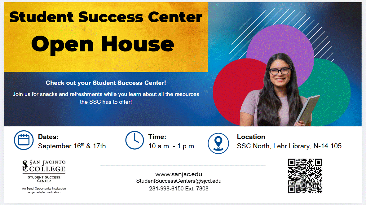 SanJac_SSC's tweet photo. SSC Open House is coming! Stop by your campus Student Success Center on Sept. 16–17, 10 a.m.–1 p.m. for snacks, refreshments, and a chance to explore the resources available to you! 
#StudentSuccessCenter #OpenHouse #SanJacintoCollege https://t.co/gmAymPa9KI