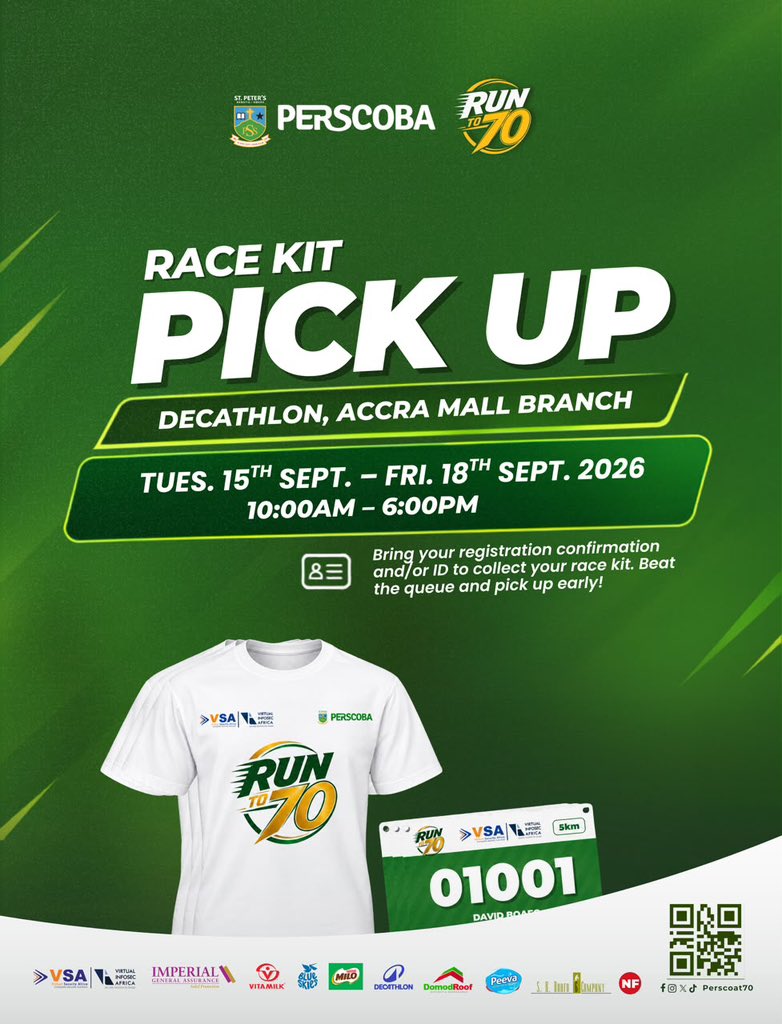 Perscoat70's tweet photo. Your Run to 70 race kit is ready for collection! Kindly pick up your T-shirt and bib from Decathlon, Accra Mall, from tomorrow, 15 Sept., between 10am and 6pm. 

Please come along with an ID and the confirmation email. 

See you on Saturday the 19th at 6am. https://t.co/kmDV3PFb1B
