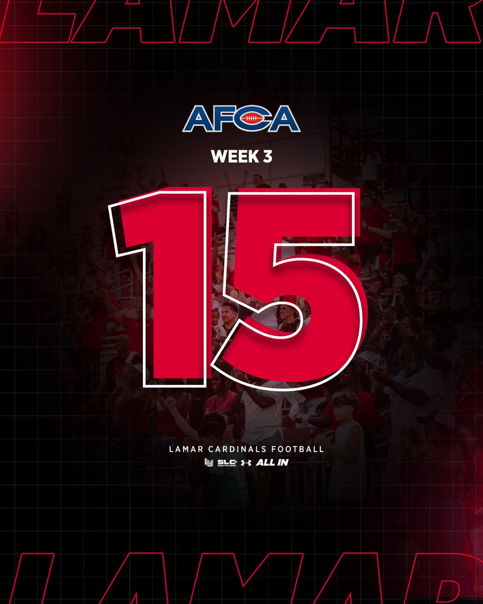 LamarFootball's tweet photo. Cardinals climb in three spots in AFCA Coaches Poll, remain 14th in STATS Perform FCS Top 25 Poll. #PeckEmCards https://t.co/uXgJ2QFFCq