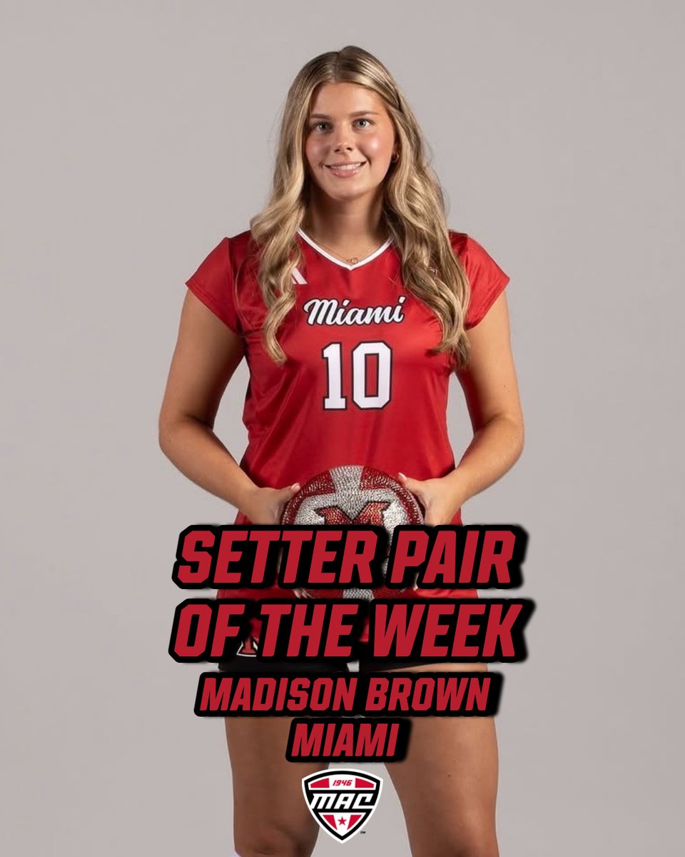 MACSports's tweet photo. 🔴 Setter Pair of the Week 🏐

Freshman setters Holland Van Deusen & Madison Brown combined for 100 assists, helping Miami to 151 kills over 3 wins at the Miami/Best Western Invitational against Evansville, Kansas City, and Purdue Fort Wayne. 

Van Deusen tallied 71 assists, 20 digs, 5 service aces, and a kill. Brown added 29 assists, 22 digs, and 2 service aces. The two setters helped the Red & White win the invitational.

@MiamiOH_VBall | #MACiton