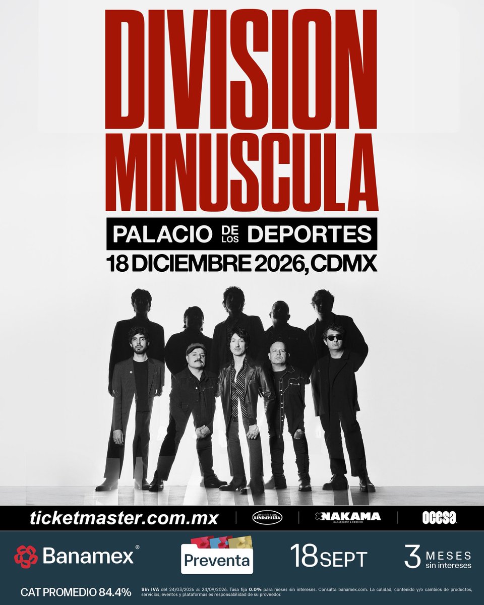 DivisionOficial's tweet photo. Diciembre. Ciudad de México.
Nos vemos en el Palacio de los Deportes.

Boletos en Ticketmaster
Preventa Banamex: 18 de septiembre a las 11 am
Venta general: 19 de septiembre a las 11 am

#DivisionMinuscula https://t.co/VNxLhdwkiP